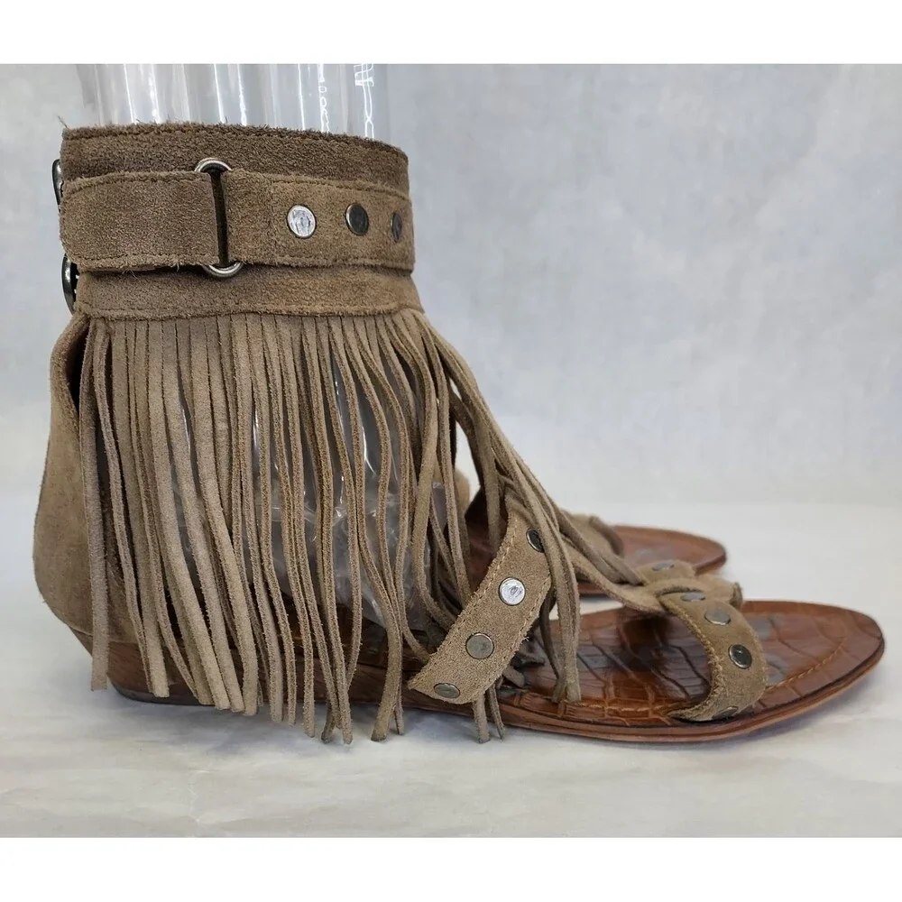 Sam Edelman Dazey Suede Sandals Womens 8 Gladiator Flat Boho Fringe Smokey Taupe - Picture 2 of 11